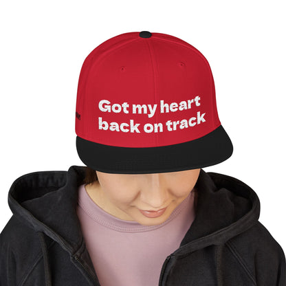 White Font "Got my heart back on track" Snapback Cap, Embroidered Hat, Casual Streetwear, (Many color variants)