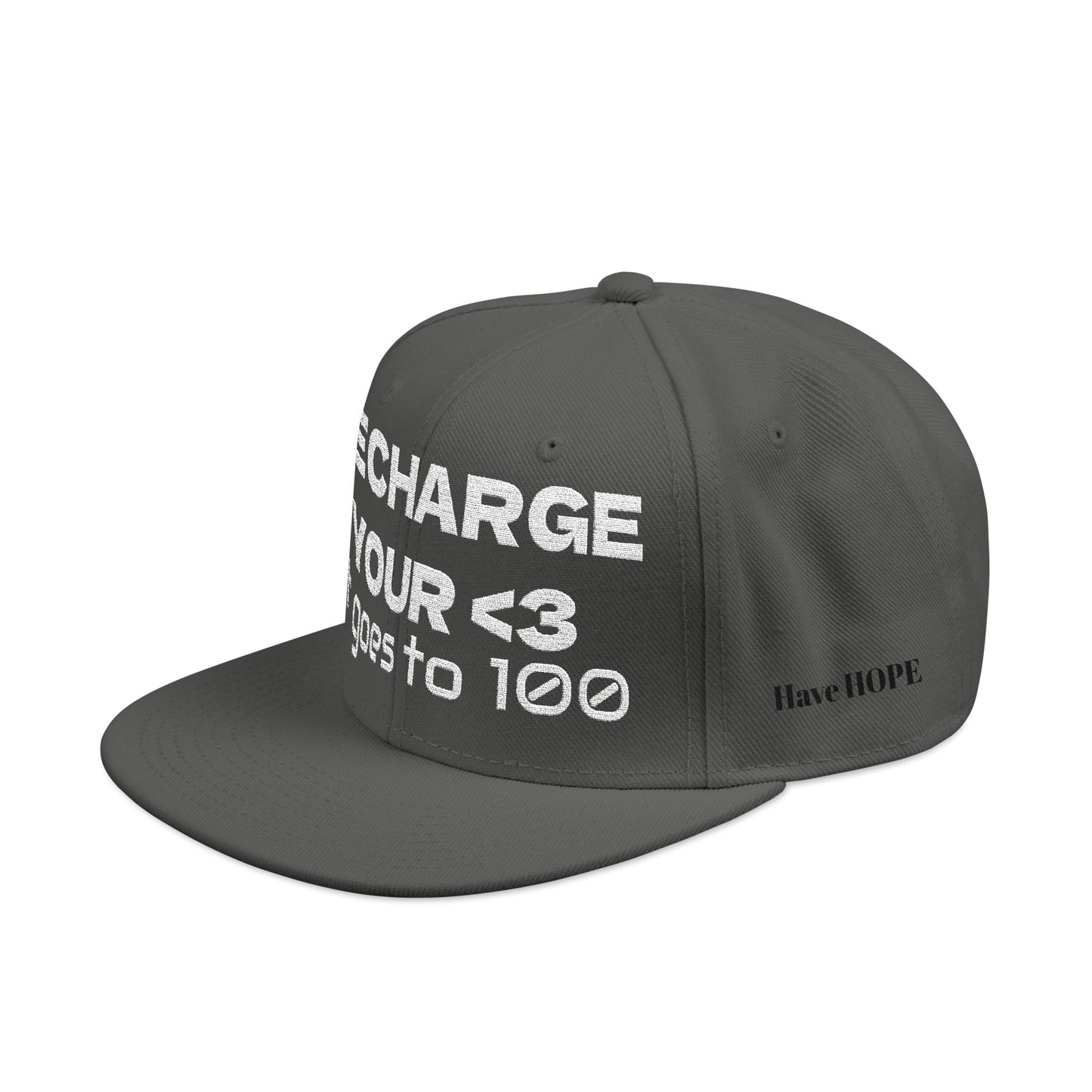 White Font "RECHARGE YOUR <3 It Goes to 100" (Recharge your heart it goes to 100) Snapback Cap, Embroidered Hat, Casual Streetwear, Gift for Him/Her (Many color variants)