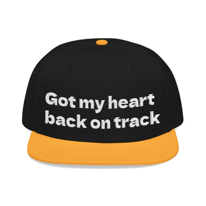 White Font "Got my heart back on track" Snapback Cap, Embroidered Hat, Casual Streetwear, (Many color variants)