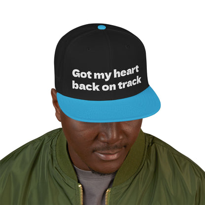 White Font "Got my heart back on track" Snapback Cap, Embroidered Hat, Casual Streetwear, (Many color variants)