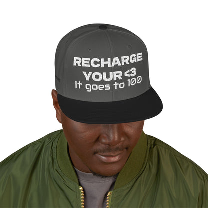 White Font "RECHARGE YOUR <3 It Goes to 100" (Recharge your heart it goes to 100) Snapback Cap, Embroidered Hat, Casual Streetwear, Gift for Him/Her (Many color variants)