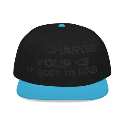 "RECHARGE YOUR <3 It Goes to 100" (Recharge your heart it goes to 100) Snapback Cap, Embroidered Hat, Casual Streetwear, Gift for Him/Her (Many color variants)