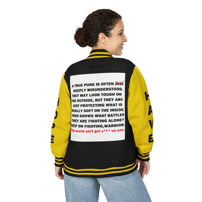 True Punk Have Hope Inspired Unisex Heavyweight Letterman Jacket - Empowering Message "This world ain't got s*** on you." Comes in many color variants!