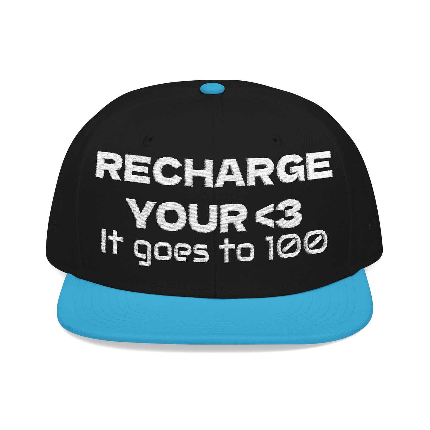 White Font "RECHARGE YOUR <3 It Goes to 100" (Recharge your heart it goes to 100) Snapback Cap, Embroidered Hat, Casual Streetwear, Gift for Him/Her (Many color variants)