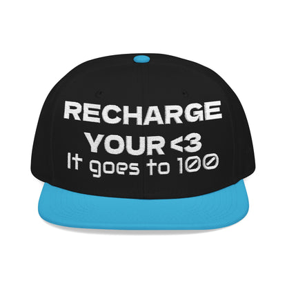 White Font "RECHARGE YOUR <3 It Goes to 100" (Recharge your heart it goes to 100) Snapback Cap, Embroidered Hat, Casual Streetwear, Gift for Him/Her (Many color variants)