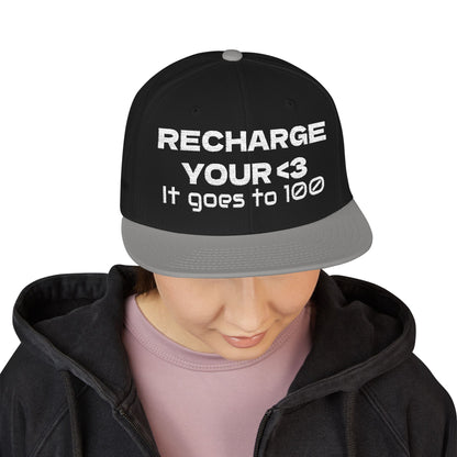 White Font "RECHARGE YOUR <3 It Goes to 100" (Recharge your heart it goes to 100) Snapback Cap, Embroidered Hat, Casual Streetwear, Gift for Him/Her (Many color variants)