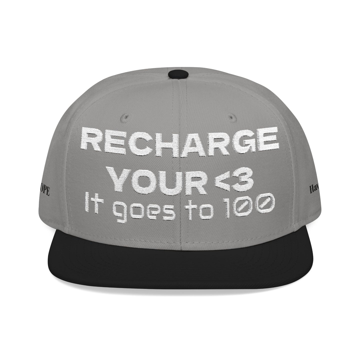 White Font "RECHARGE YOUR <3 It Goes to 100" (Recharge your heart it goes to 100) Snapback Cap, Embroidered Hat, Casual Streetwear, Gift for Him/Her (Many color variants)