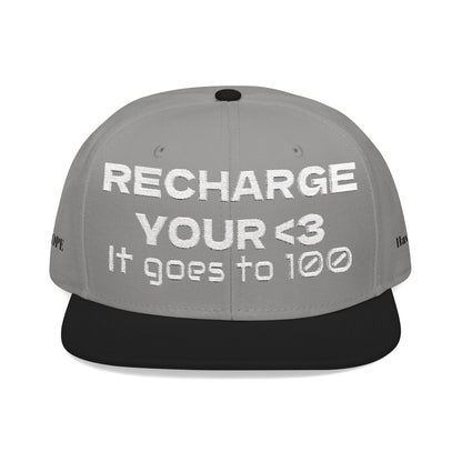 White Font "RECHARGE YOUR <3 It Goes to 100" (Recharge your heart it goes to 100) Snapback Cap, Embroidered Hat, Casual Streetwear, Gift for Him/Her (Many color variants)