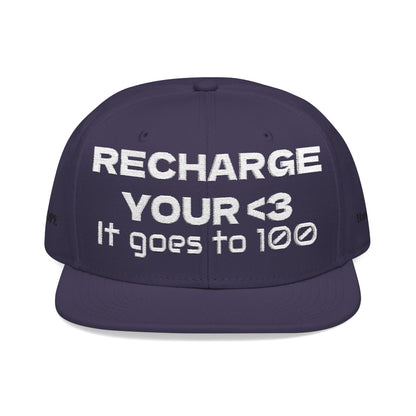White Font "RECHARGE YOUR <3 It Goes to 100" (Recharge your heart it goes to 100) Snapback Cap, Embroidered Hat, Casual Streetwear, Gift for Him/Her (Many color variants)