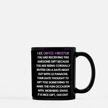 Rizz Monster Color Sprayed Black Coffee Mug 11oz - "To rizz, or not to rizz? I will twinkle le stache at you under the stars, oui oui?"